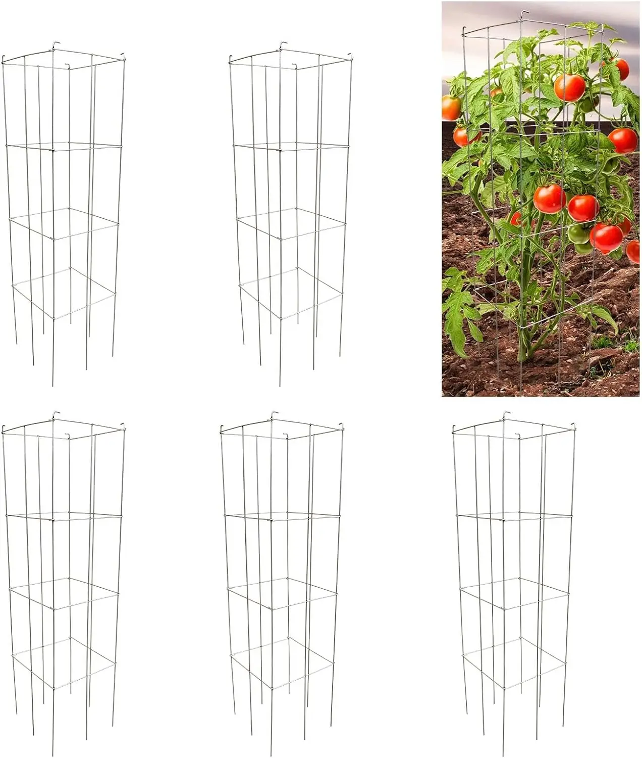 

5-Pack Galvanized Folding Tomato Cages, 46"H x 12"W Plant Support Stakes for Garden
