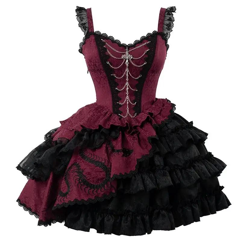 Original escuro gótico jsk mini vestidos sem mangas pescoço quadrado renda bordado em camadas cintura alta fofo lolita vestido curto feminino