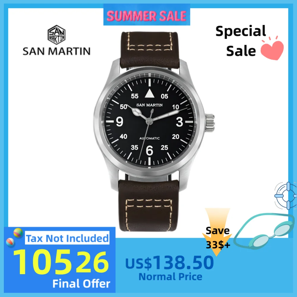 

San Martin 37mm Pilot Watch For Men 8215 Retro Mechanical Wristwatch Military Clock Automatic Waterproof 10Bar BGW9 SN0034B-1