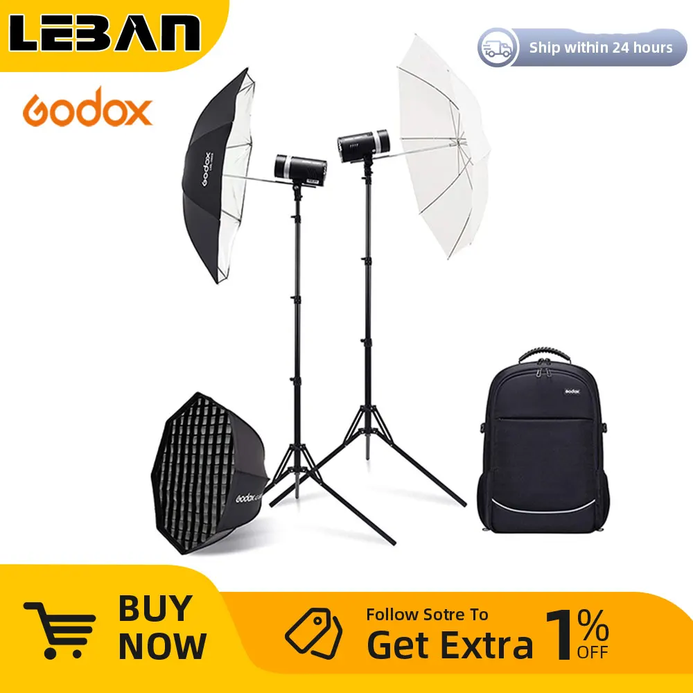 Godox 2pcs AD300Pro AD300 PRO 300W Out Door Flash Dual Flashes Backpack Softbox Light Stand Umbrella Kit