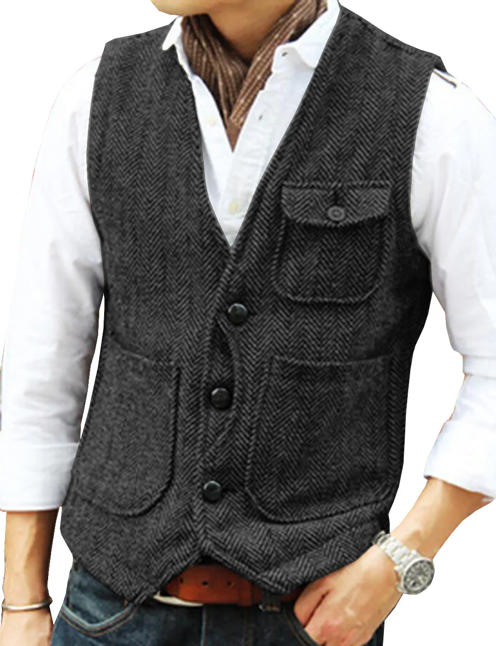 Men Herringbone Tweed Suit Vest V‑Neck Sleeveless Waistcoat Retro British Gentleman Business Casual Layering Vest With Pockets