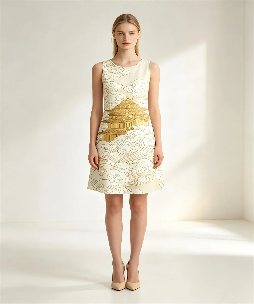 Ladies' new summer classic auspicious cloud pattern printed vest skirt, elegant and casual sleeveless vest skirt