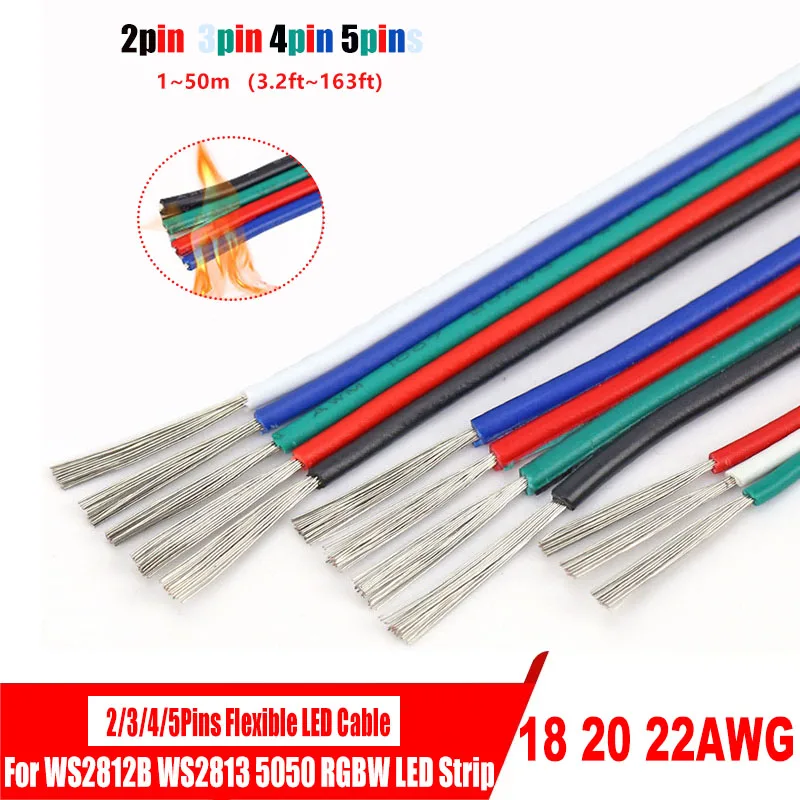 2/3/4/5 Pin PVC Cable 18AWG 20AWG 22AWG Cable 1-50m(3.2ft-163ft) RGB LED Strip Extension Cable for LED Strip 12/24V DC Lighting