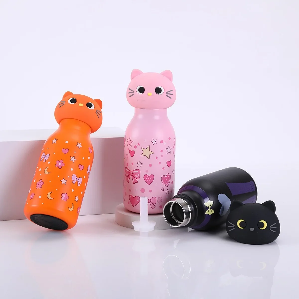 Insulated Stainless Steel Water Bottle with Cat Detachable Soft Head Cartoon Cat Shaped Thermos Bottle With Straw For Kids view 4