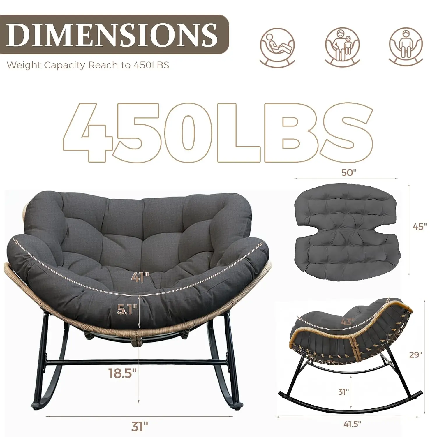Indoor Outdoor Papasan Rocking Chair, Large Rocking Lounge Chair, Customized