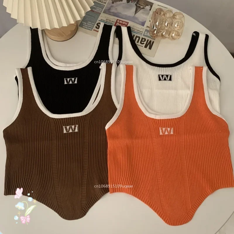 Irregular Casual Colored Spicy Girl U-Neck Sexy Tank Top Letter Embroidered Knitted Small Suspender Shirt Camisoles for Women