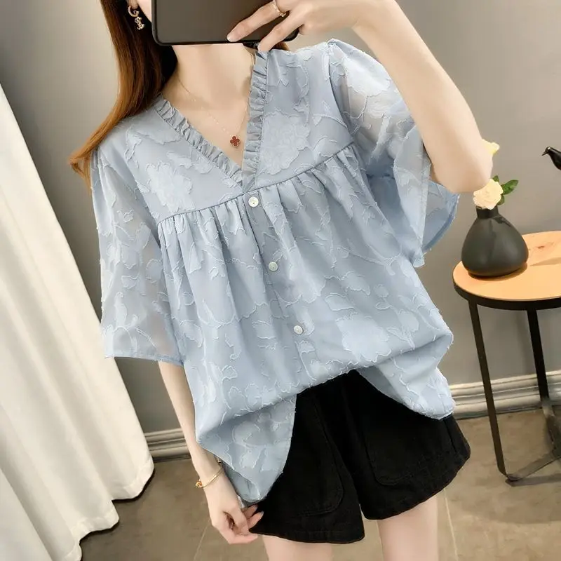 Women Summer Simplicity Loose Short Sleeve Solid Color Ruffles V-neck Chiffon Shirts Ladies Casual All-match Hollow Out Top Tee