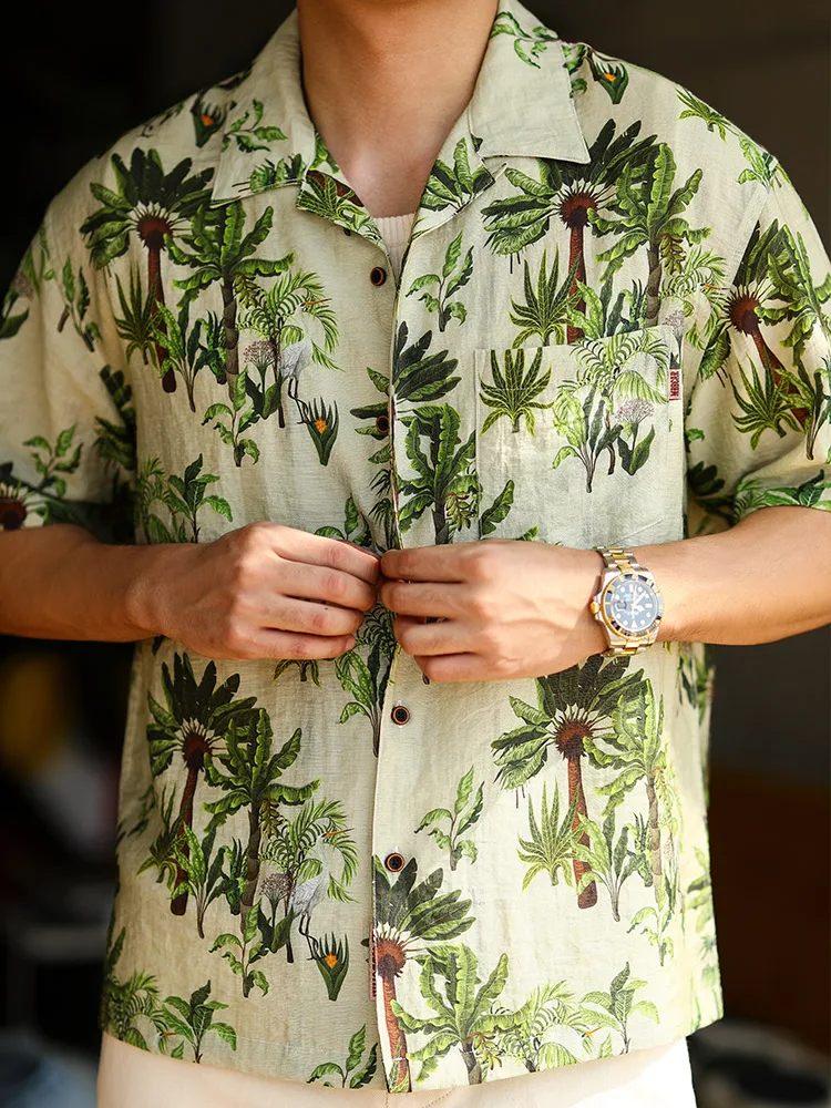 

MBBCAR High-End Retro Cuban Collar ort Sve Linen irt Narrow Width American Casual Hawaiian Sle Men's Summer Faion