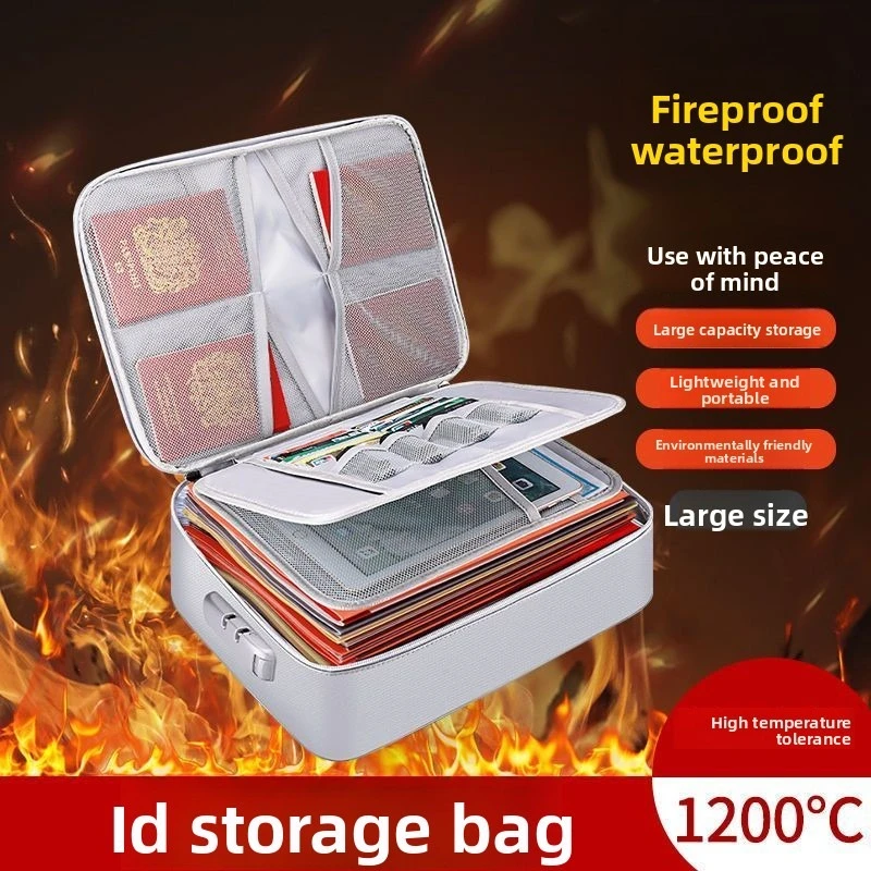 Document Storage Bag Fireproof, Flame Retardant, Waterproof with Lockable Sealed Storage Box