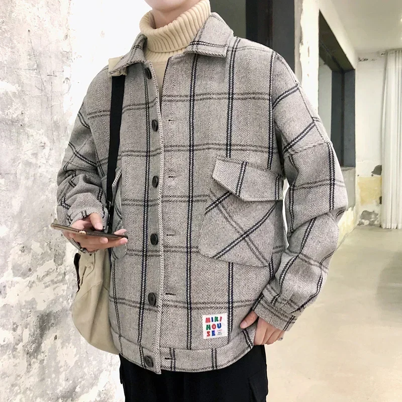

Korean Fashion Plaid Wool Jacket Man Winter 2025 Casual Loose Checkered Overcoat Men Thicken Single Breasted Male Coats