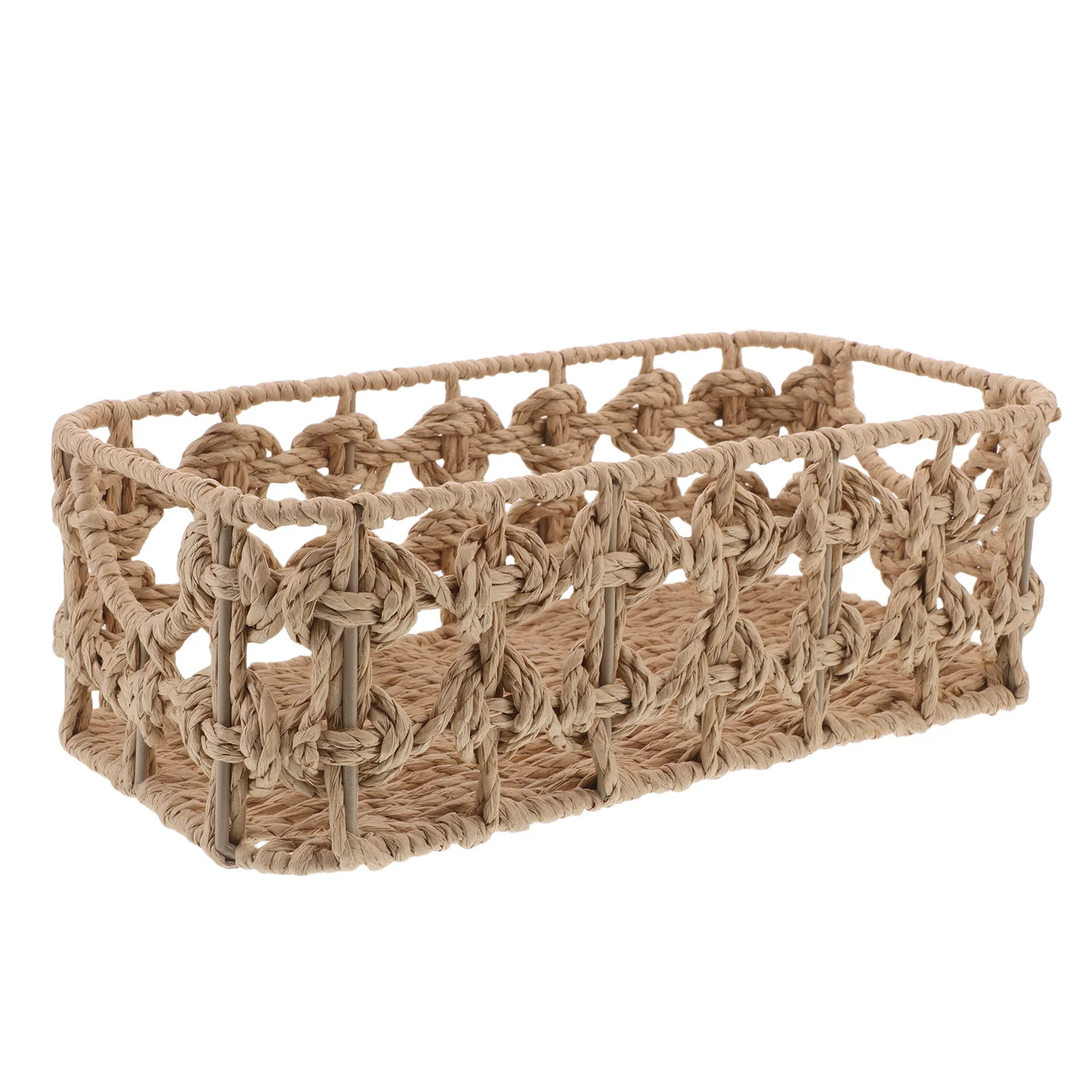 

Woven Storage Basket Light Brown Rectangle Organizer Box For Bathroom Kitchen Desktop Snacks Storage Hollow Out Paper Rope Bin