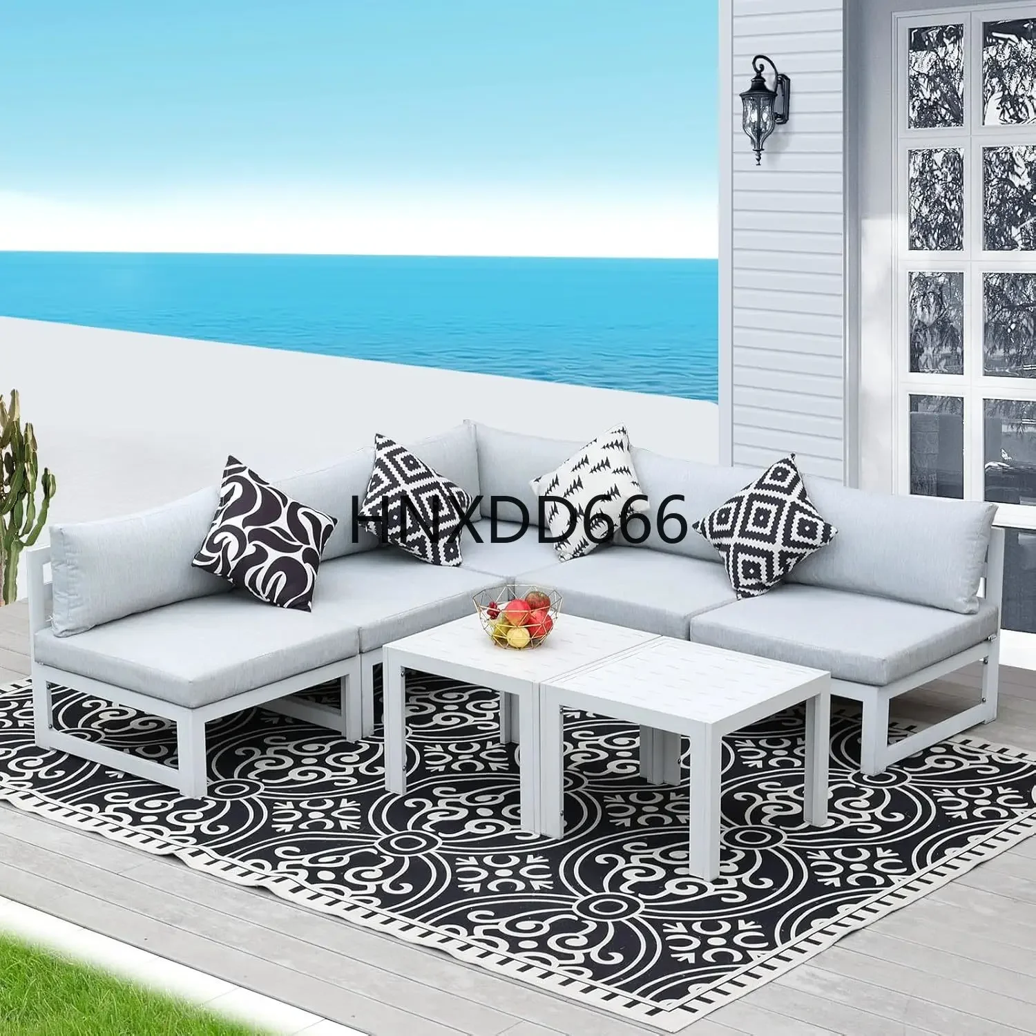 7 Piece High-End Extra Large White Aluminum Patio Furniture Sectional Set With Side Tables, Modern Luxury All Weather Comfy