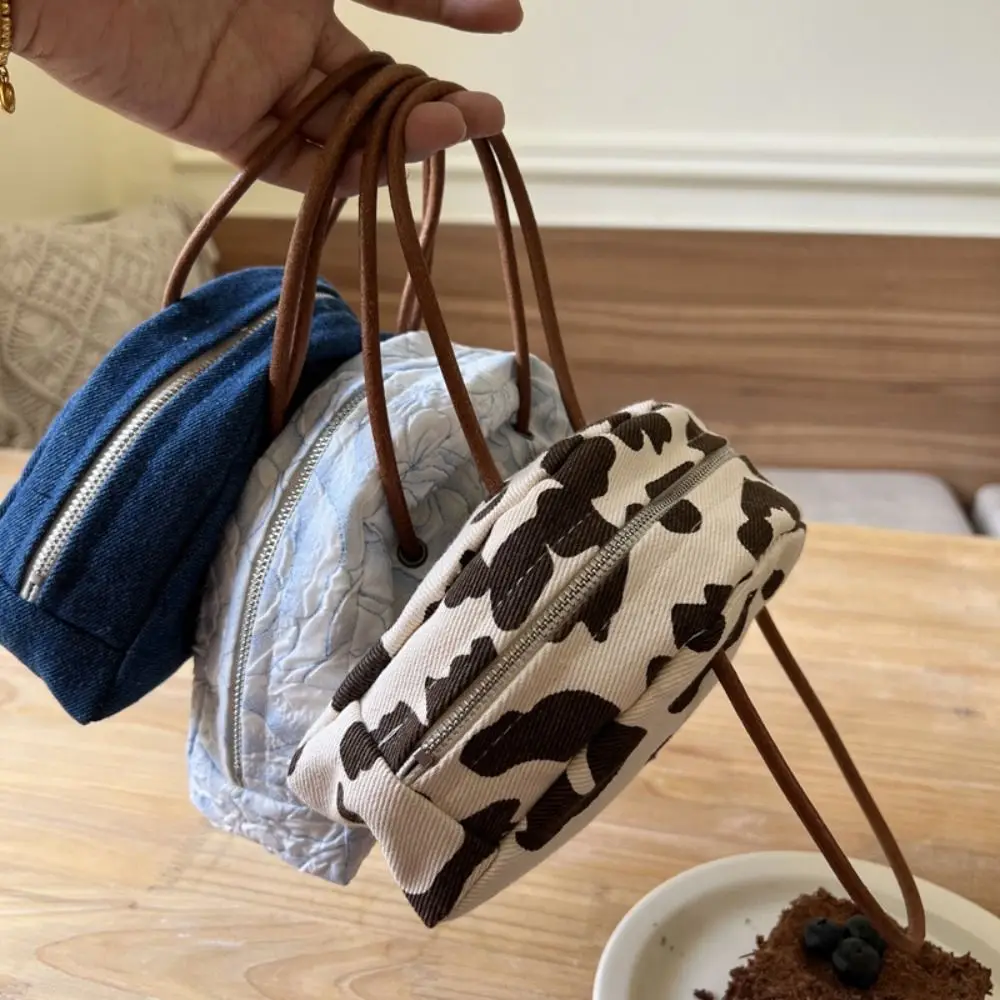 Leather Rope Small Tote Bag Sweet Semicircle Shape Portable Denim Handbag Stripe Canvas Handbag Outdoor