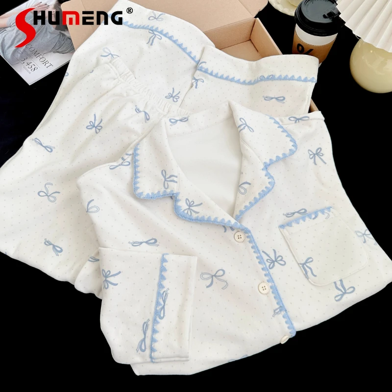 

INS Japanese Sweet Bow Print Pajama Sets Girls Autumn Winter Sweet Homewear Suits Women Wearable Warm Loungewear Outfits