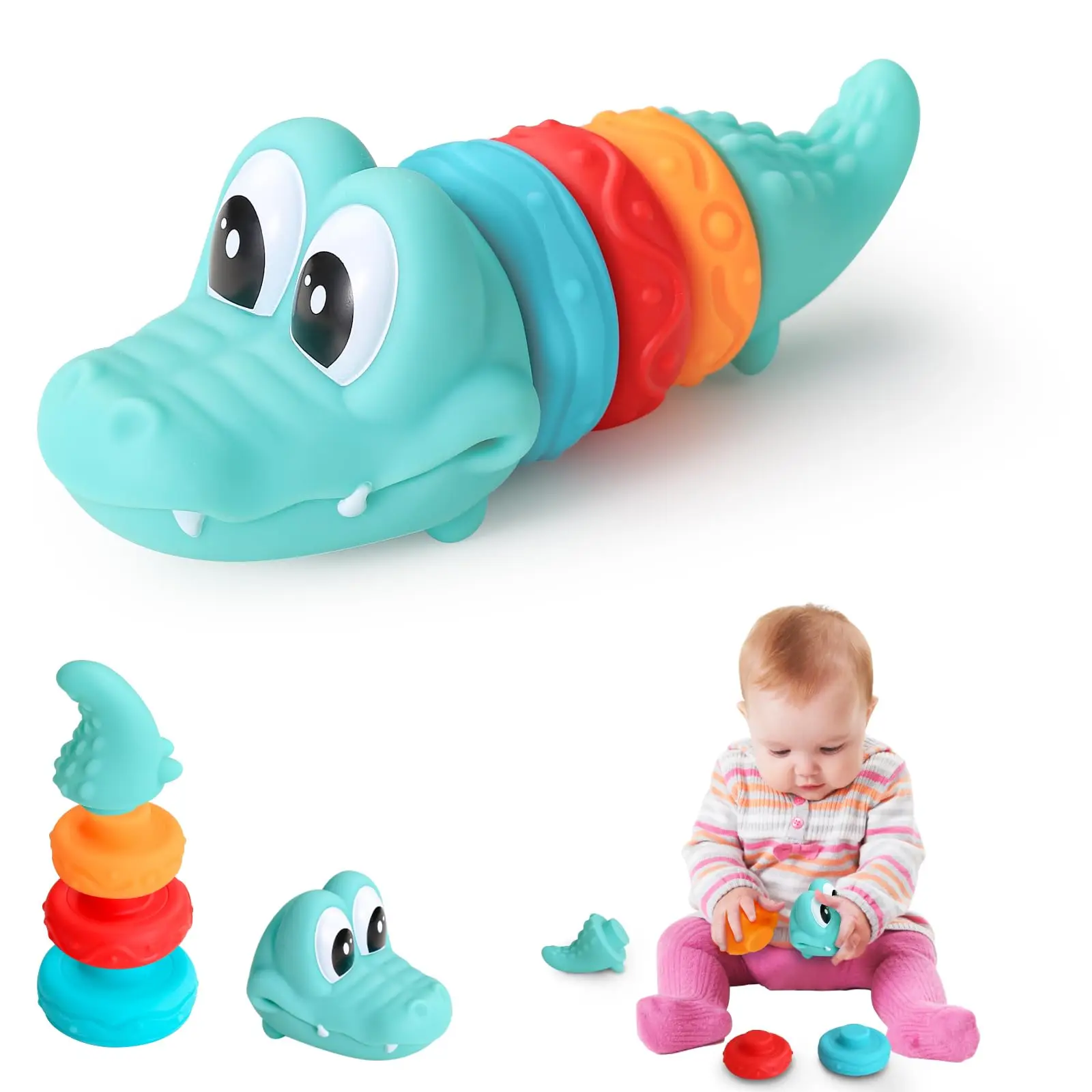 Baby Stacking Sensory Crocodile Toys for 6-12M BPA Free Infant Montessori Educational Toy Soft Blocks Bath Toys Squeeze Play