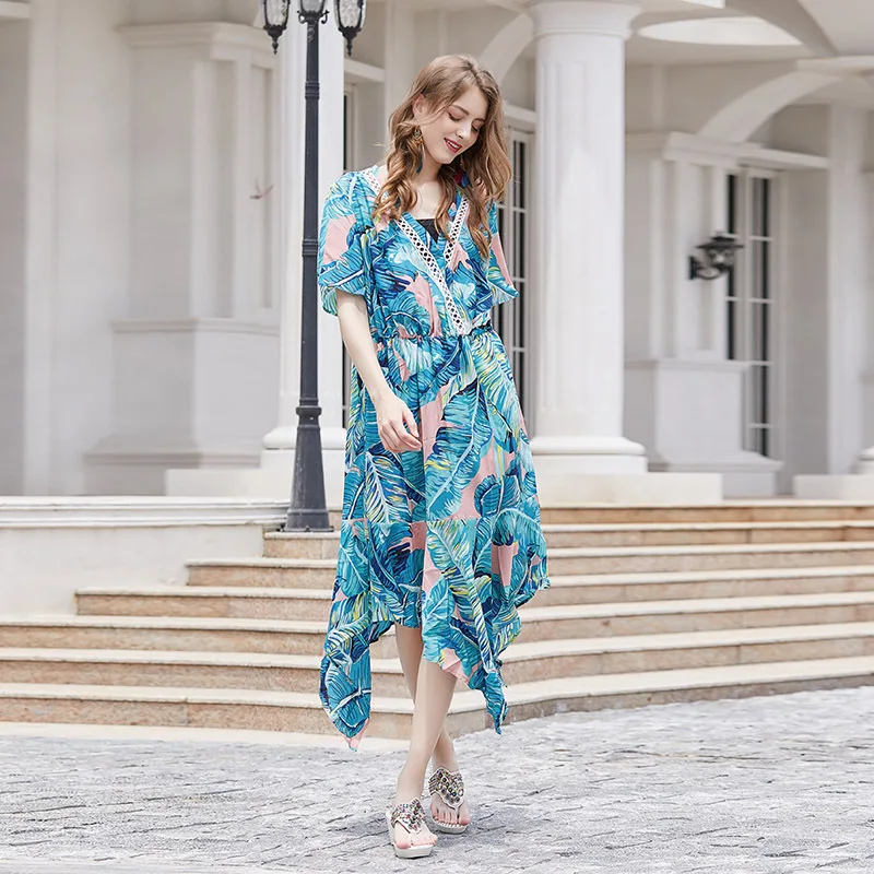 

New large-size dress women's short-sleeved beach elastic waist long dress fashionable simple temperament elegant vacation style