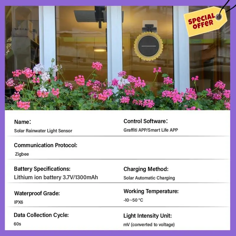 

-A96Z Zigbee Wifi Tuya Sunlight Rain Sensor Solar Charging Real-Time Rainwater Detector Life App Controlled For House Outdoor