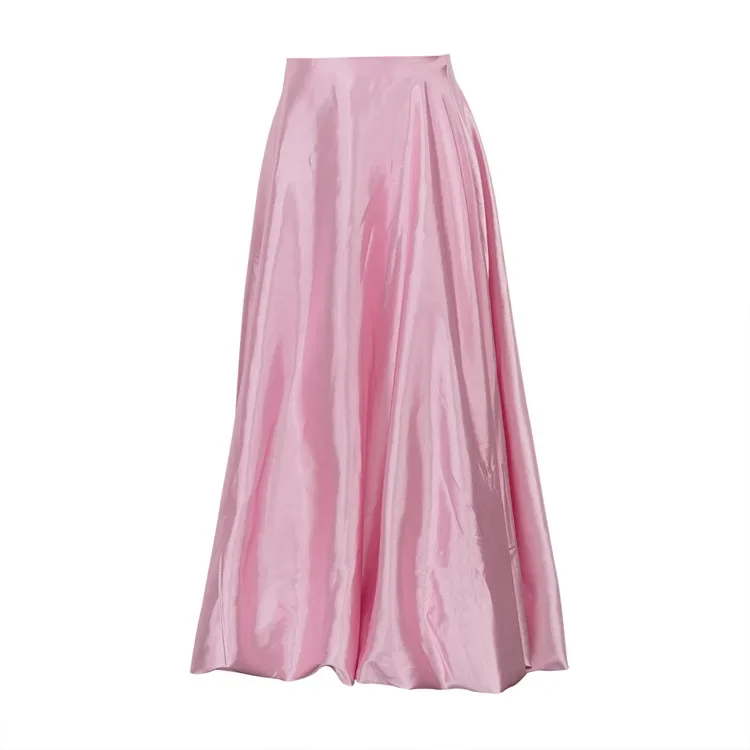 Fashionable Wax Dyed Balloon Skirt Spring and Summer Women's Simple Solid Color Casual Versatile High Waist Pleated Fluffy Skirt