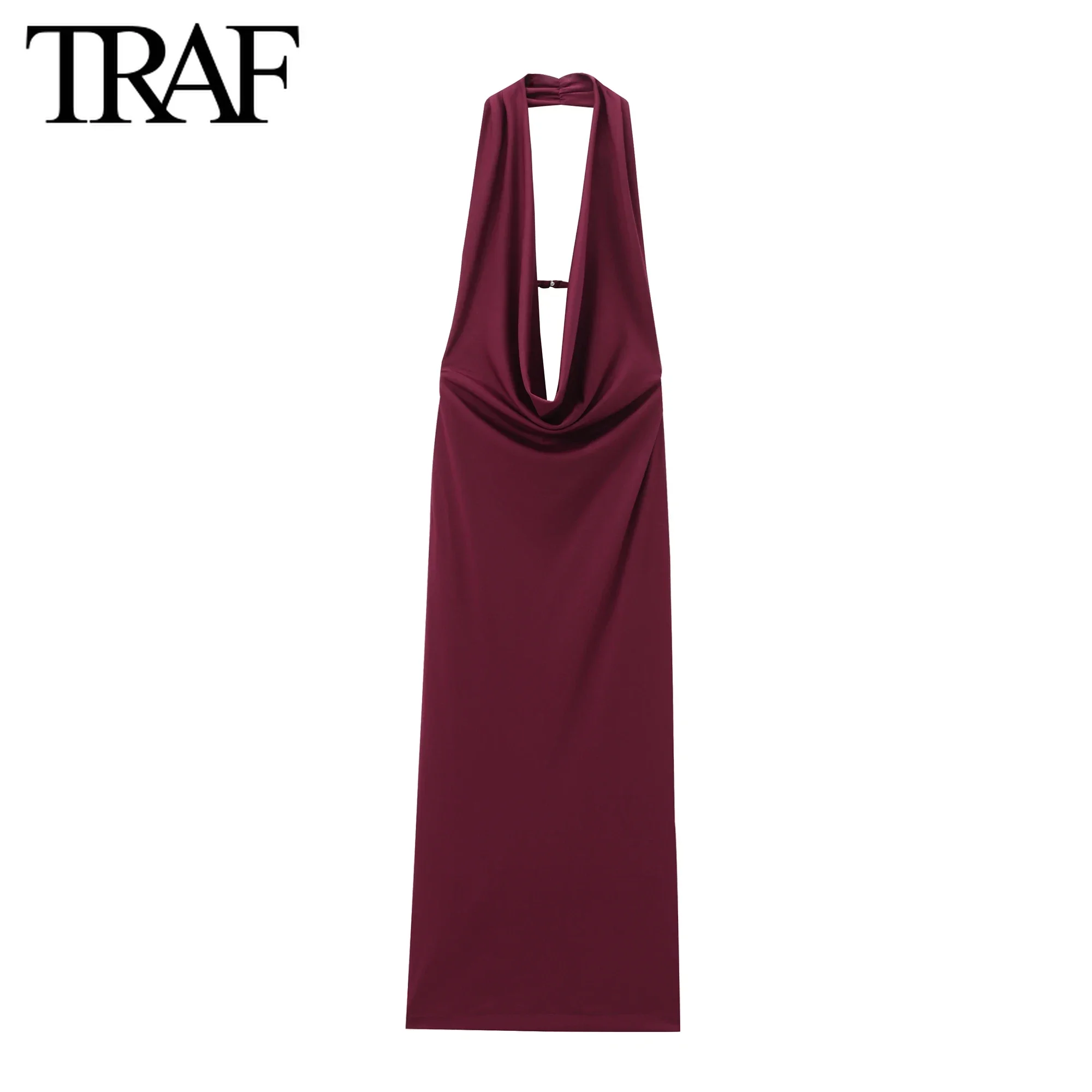 TRAF Women Fashion Summer New Sexy White Halter Folded Backless Sleeveless Long Dresses Chic Female Vintage Evening Dress