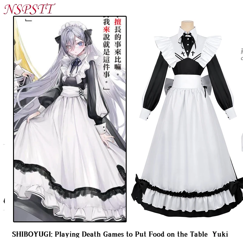 

NSPSTT Playing Death Games To Put Food On The Table Cosplay Costume Black White Maid Dress Outfit Accessories Halloween Party