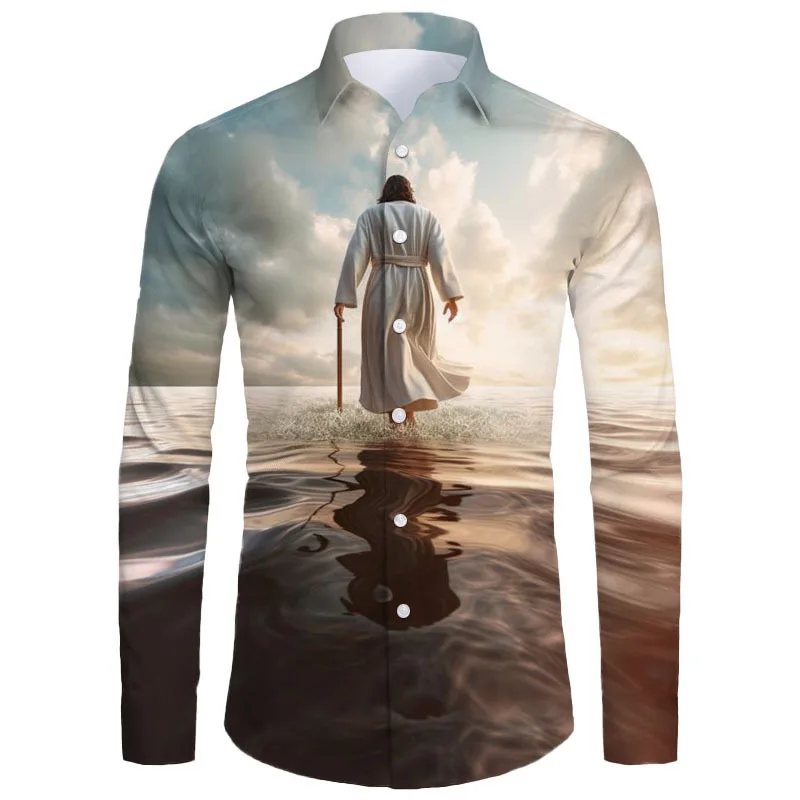 La cruz de moda 3D camisas sobre Jesús Love Everone ropa cristiana para hombres, nueva llegada, solapa de verano, camisa de manga larga, Tops