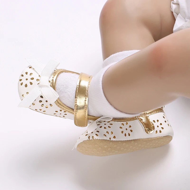 Elegant 0-18M Newborn PU Bow Decoration Baby Shoes Anti slip Cloth Sole Shoes For Girls Attending Parties Princess Shoes First