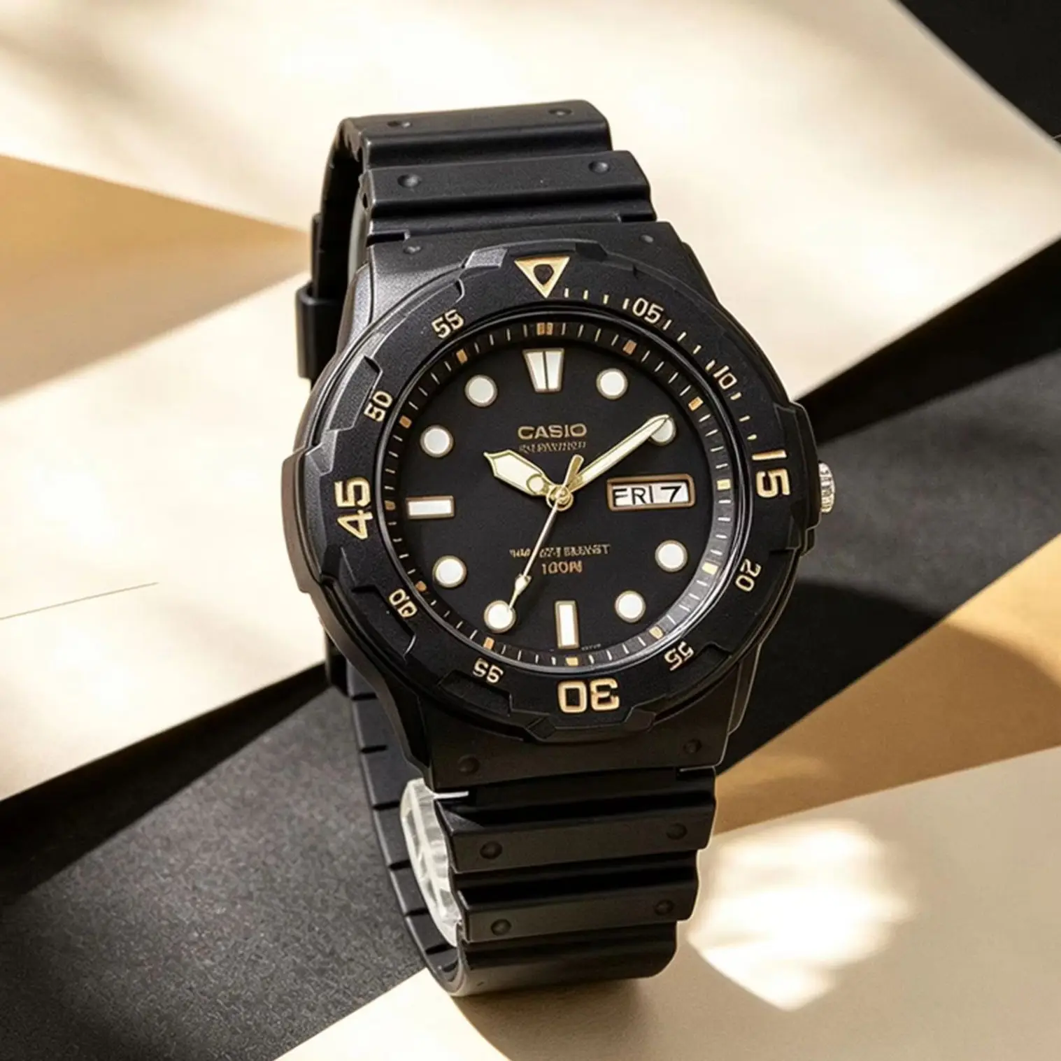 Casio MRW‑200H Series | Men Analog Quartz Watch | 100‑Meter Water Resistance | Resin Band | Day & Date Display