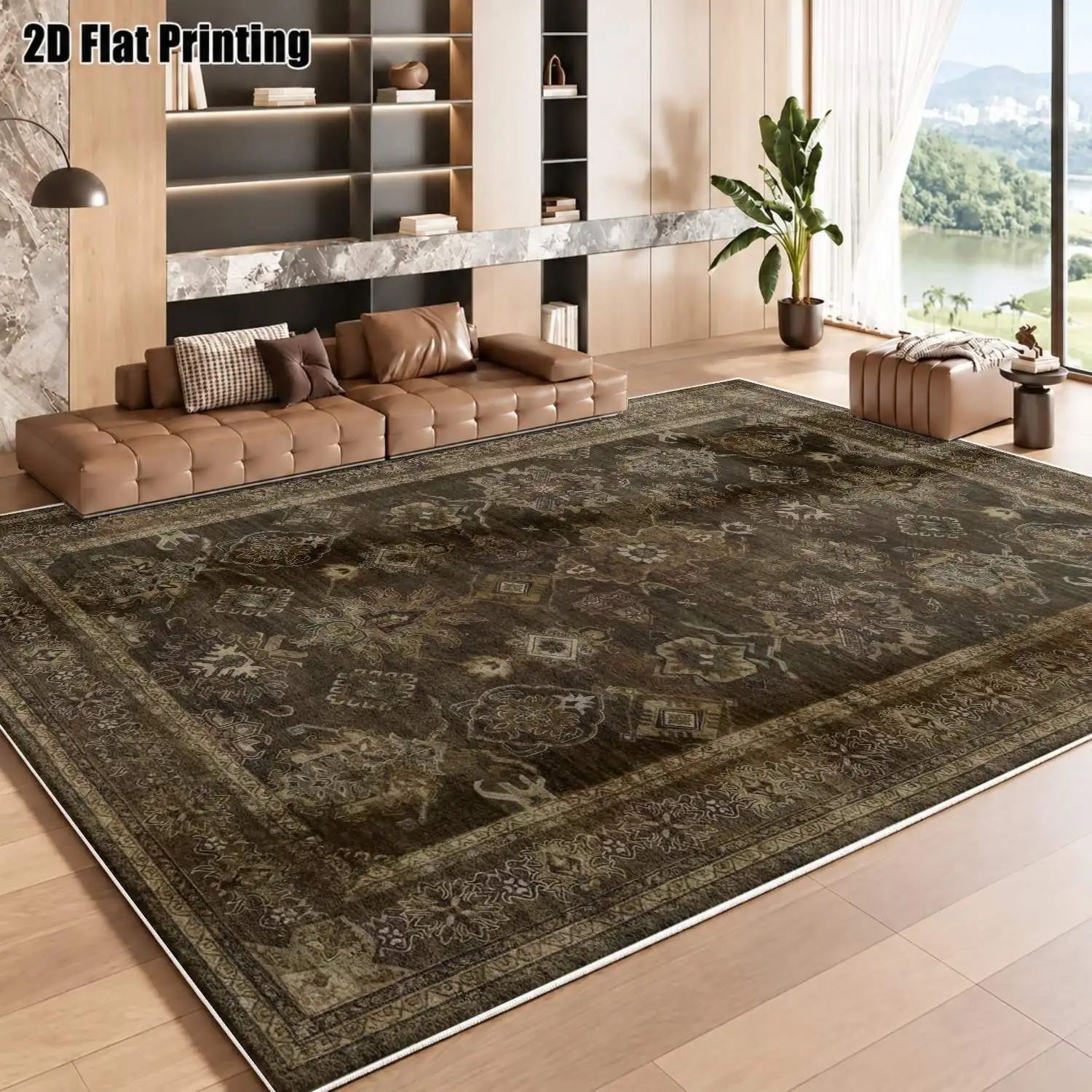1Pc 2D Printed Velvet Retro Floral Carpet, European/Bohemian/Geometric Style, Machine Washable, Multi-Size for Home Decor, Multiple Uses