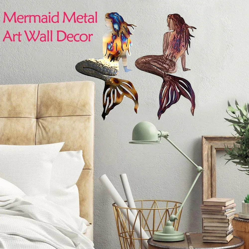 Mermaid Metal Art Wall Decor,Metal Wrought Iron Mermaids Handmade Creative Craft Panels For Wall Art Home Garden Beach