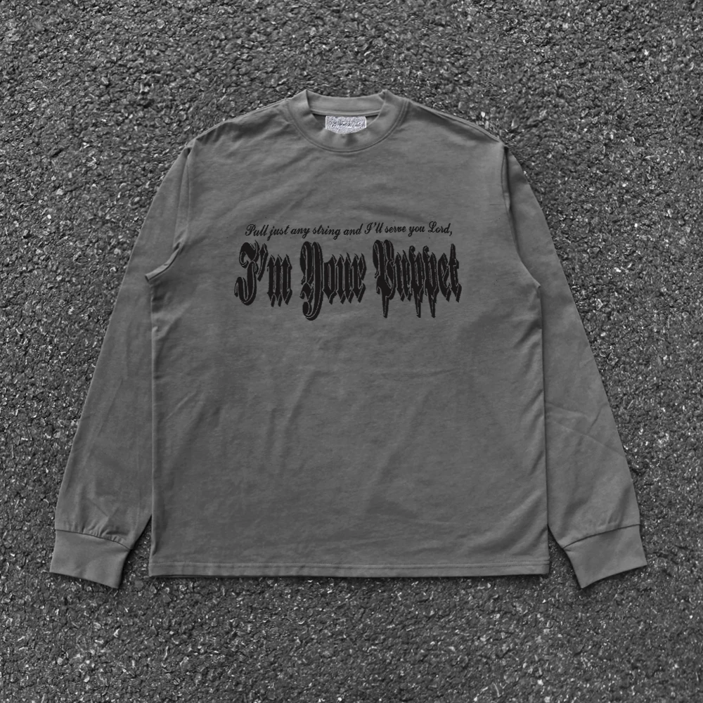 Heavyweight 260G Retro Art Lettering American Loose Fit Sporty Long Sleeve T-Shirt Versatile Casual round Neck Cotton Blend