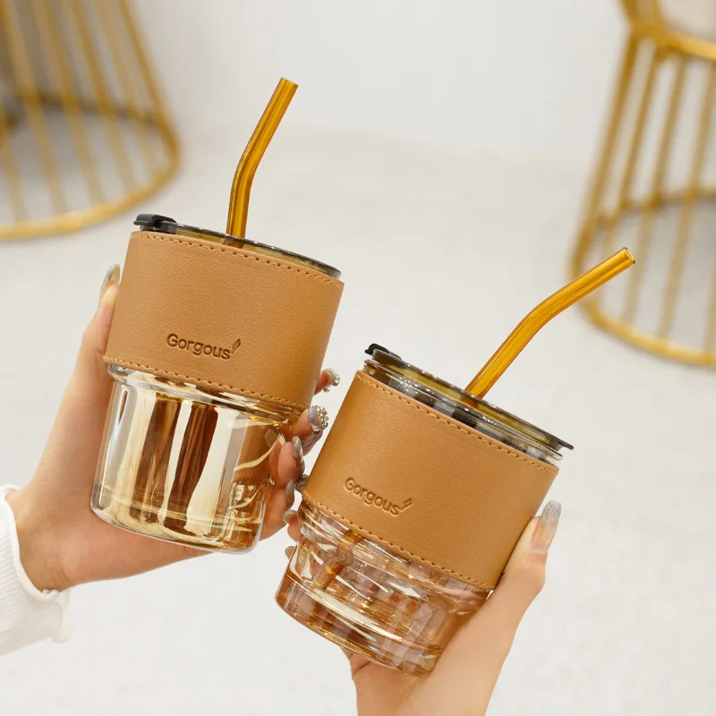 

450ML Cups With Lids And Straws Coffee Mug Tumblers With Lid And Straws Bulk Cup Heat Resistant Leather Water Tea Wine Drinkware