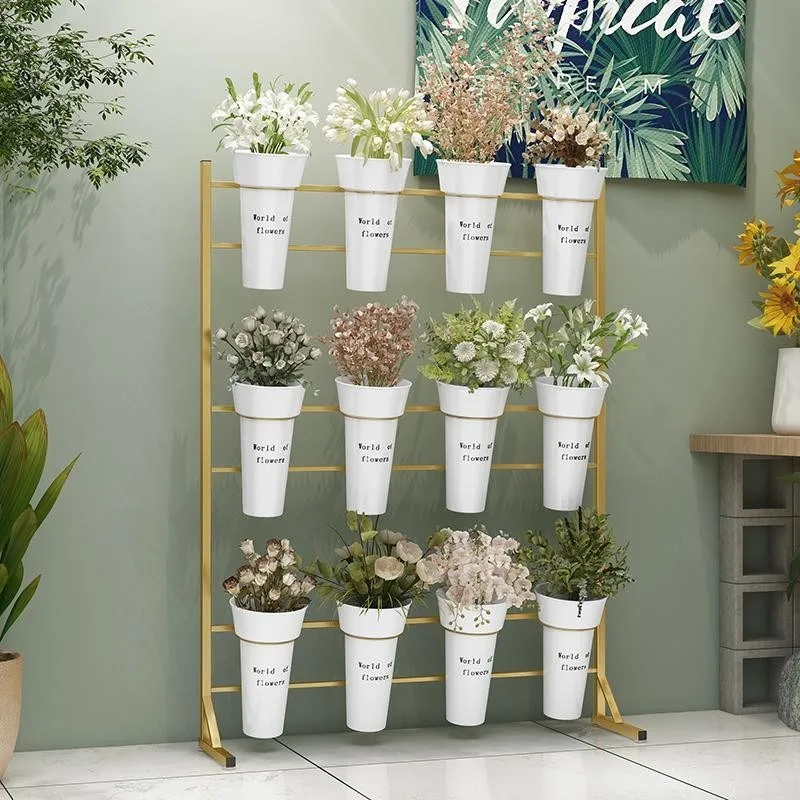 Flower Display Stand with 12 Buckets, 3 Layers flower cart, Gold Flower Bar Stand with Wheels, Moving Florist Bouquet Shelf