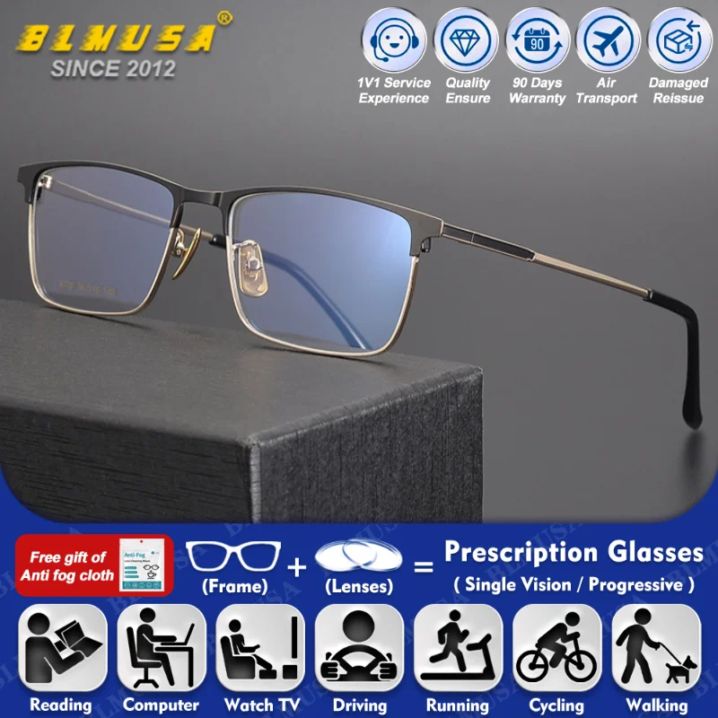 

BLMUSA (L) New Retro Square Design Blue Light Filter Progressive Glasses High Quality Men's Myopia Prescription Computer Eyeware