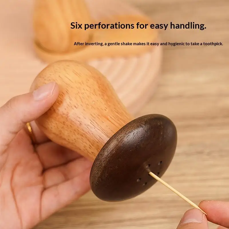 Cute Mushroom Shaped Oak Toothpick Holder Durable Household Organizer with Lid Convenient Kitchen Storage