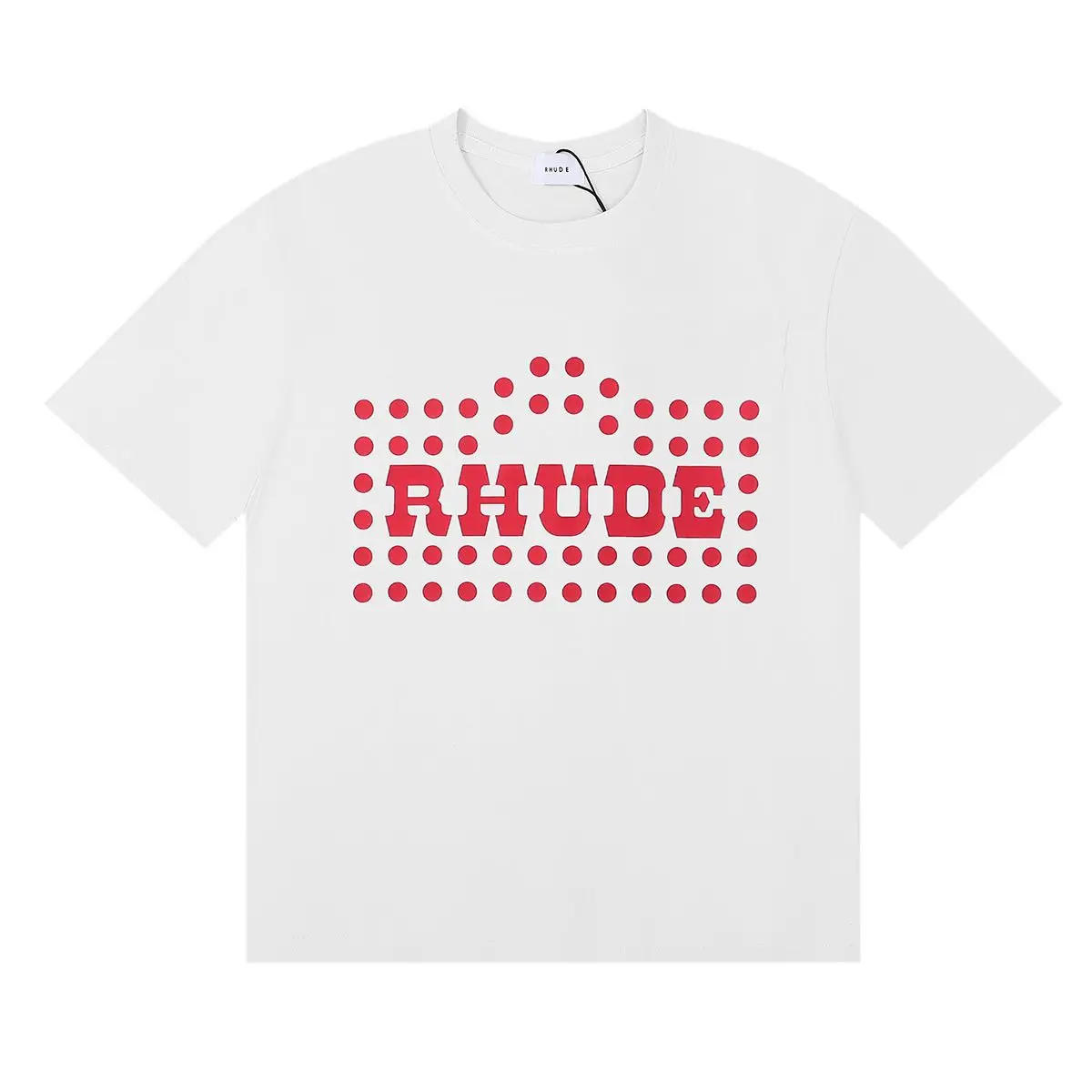 Rhude New American Red Polka Dot Print Logo Unisex Summer Crewneck Short Sleeve T-Shirt, Trendy Streetwear Top