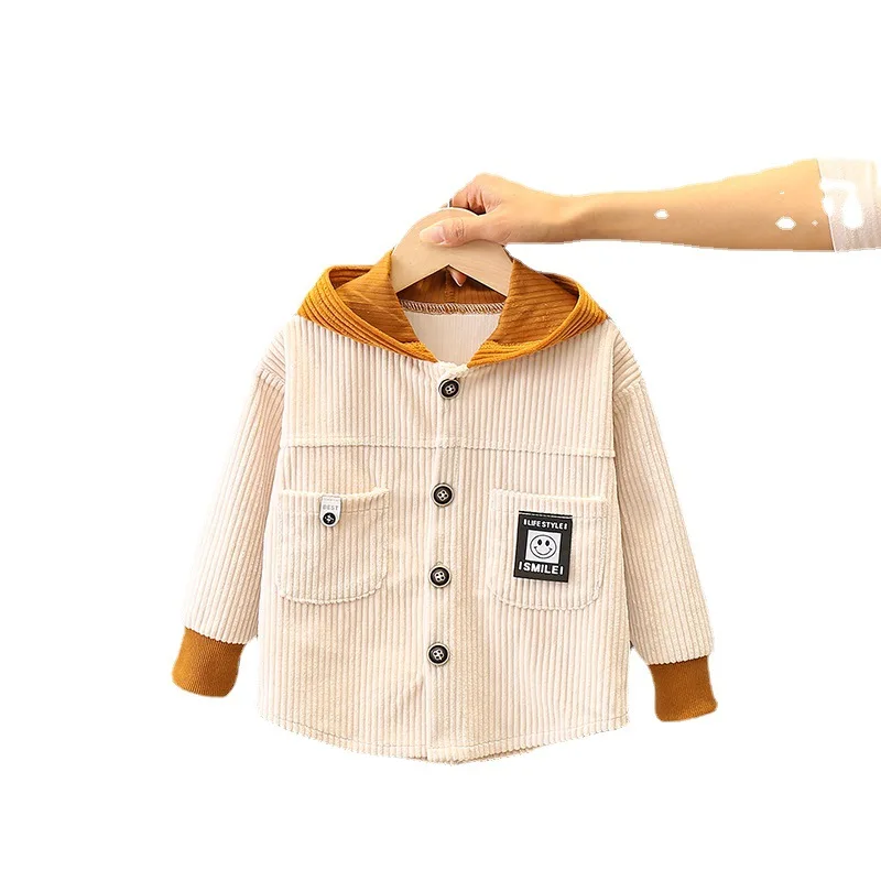 2024New Spring Autumn Children Hooded Coats Korean Style Cardigan Boys Corduroy splicing Loose Jackets Baby Toddler Outwear 0-4Y