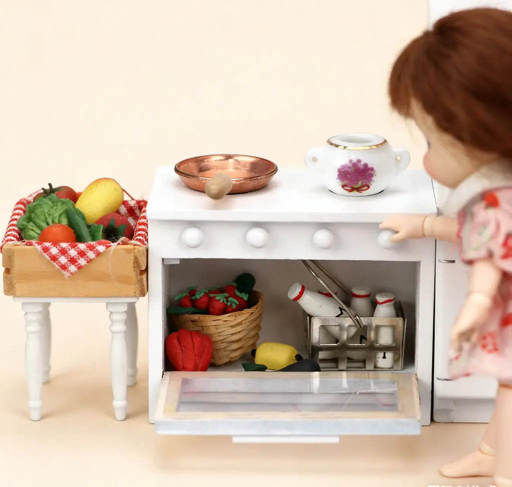 2025 핫 1:12 인형집 미니 화이트 가스 스토브 - OB11 역할 놀이 및 방 장식 소품용 나무 주방 가구