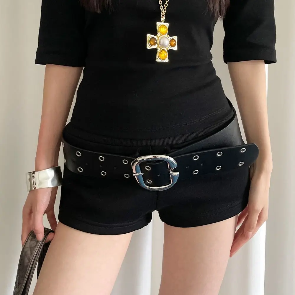 Cinturón ancho ajustable con agujeros de doble fila para mujer, hebilla de Metal, pretina de cuero Vintage, faja para pantalones vaqueros, cinturón de estilo Punk que combina con todo para hombre