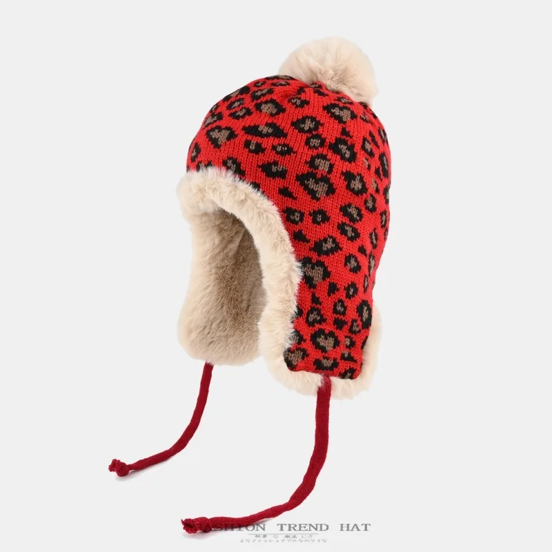 Neue Plüsch-Strickmütze mit Leopardenmuster für Herren und Damen, ideal für Herbst und Winter, verdickte Fahrradmütze mit Ohrenschutz, Bomber-Mütze – Detail 3