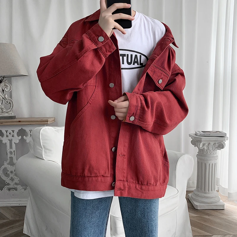 2026 New Steetwear Red Mens Jean Jackets Turn Down Collar Multi-pockets Denim Coats Overalls Loose Casual Men Clothing Outwear