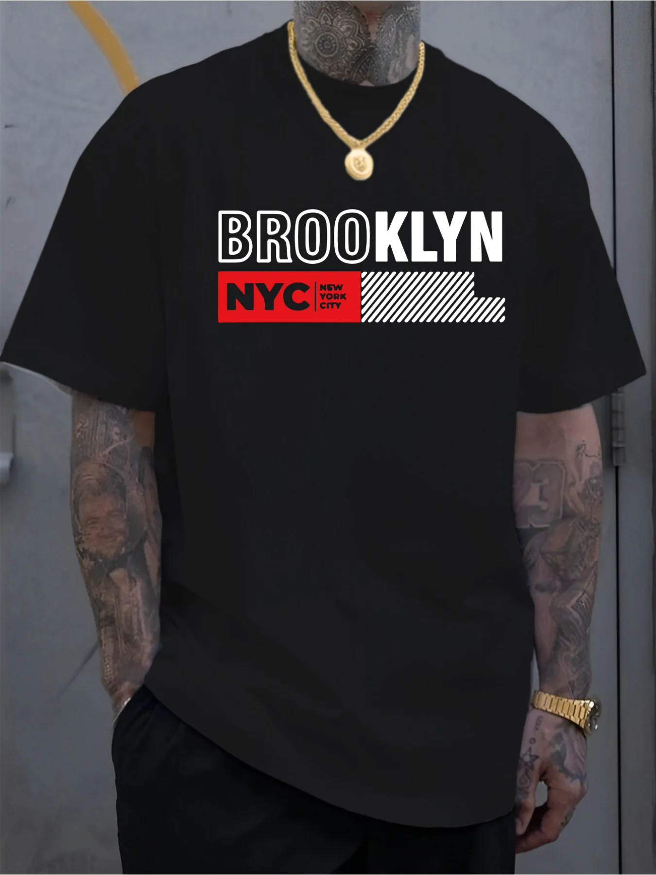 [ Graphic Tee] Black Casual Men's Graphic T-Shirt - Bold 'BROOKLYN' Design With 'NYC' Accent In Red Rectangle, Stylish Black And