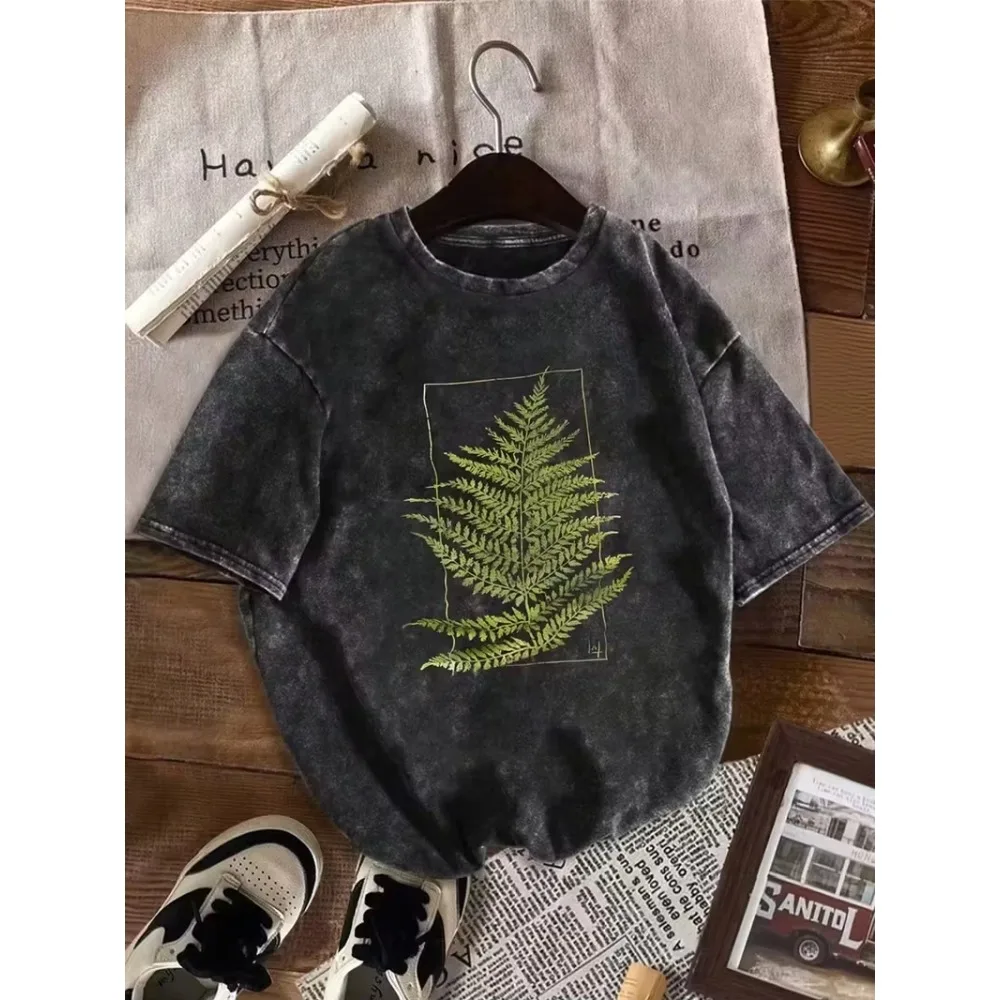 Vintage Washed Fern Leaf Botanical T-Shirt – Ästhetisches Streetwear Unisex Oversized Sommer Baumwoll-T-Shirt mit weichem, entspanntem Grafikdruck