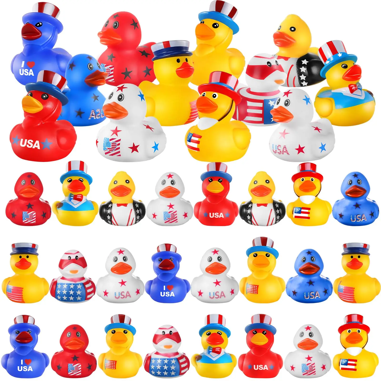 Patos de borracha para Baby Shower Bathtub, Novidade e Engraçado Squeeze, Borracha Patriótica, 4 de Julho Fontes do Partido, 48PCs