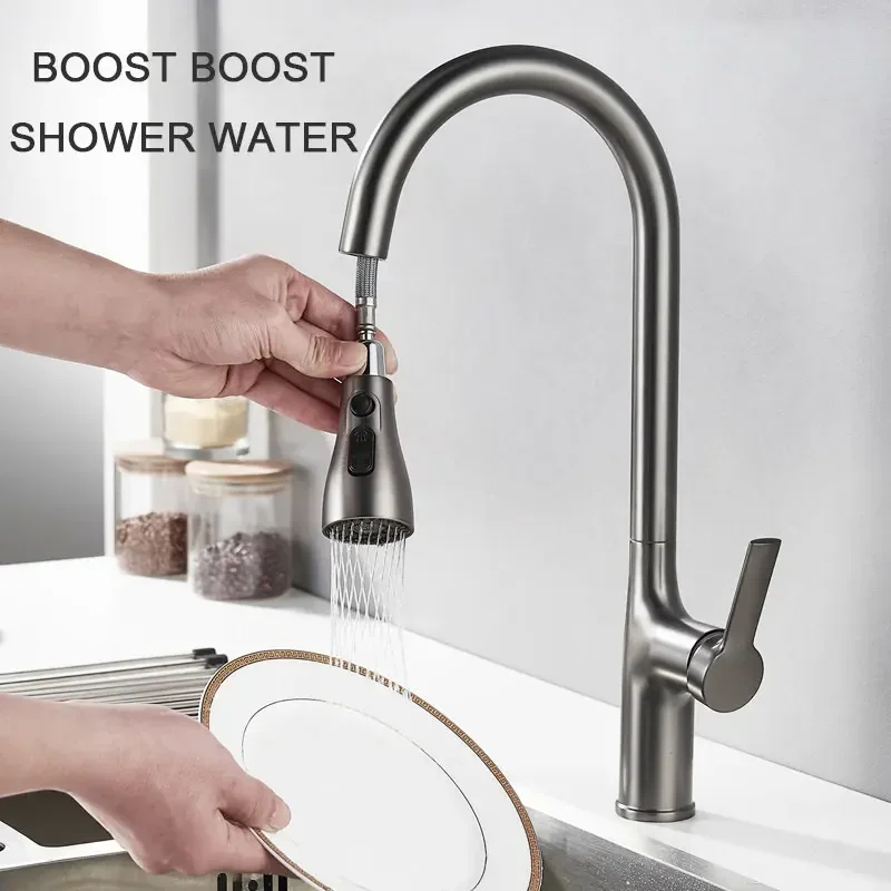 Three Outlet Mode Kitchen Faucets Brushed Nickel Kitchen Sinks Single Handle Pull Out Mixer Hot and Cold Water 360 Rotation Grey