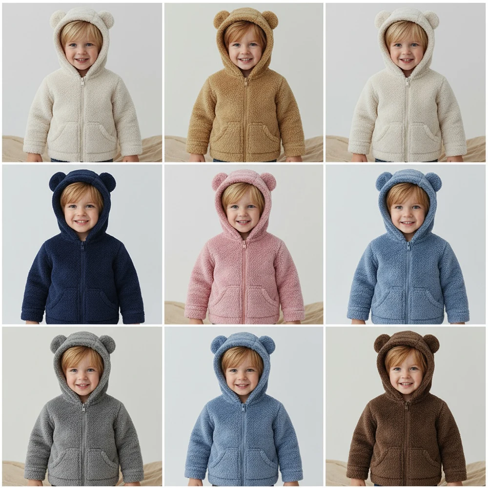 

Plush Winter Children Outwear Fleece Hoodies Bear Sweatshirt Clothes Kids Jacket For Boys Girls Solid Top Baby Warm Coat
