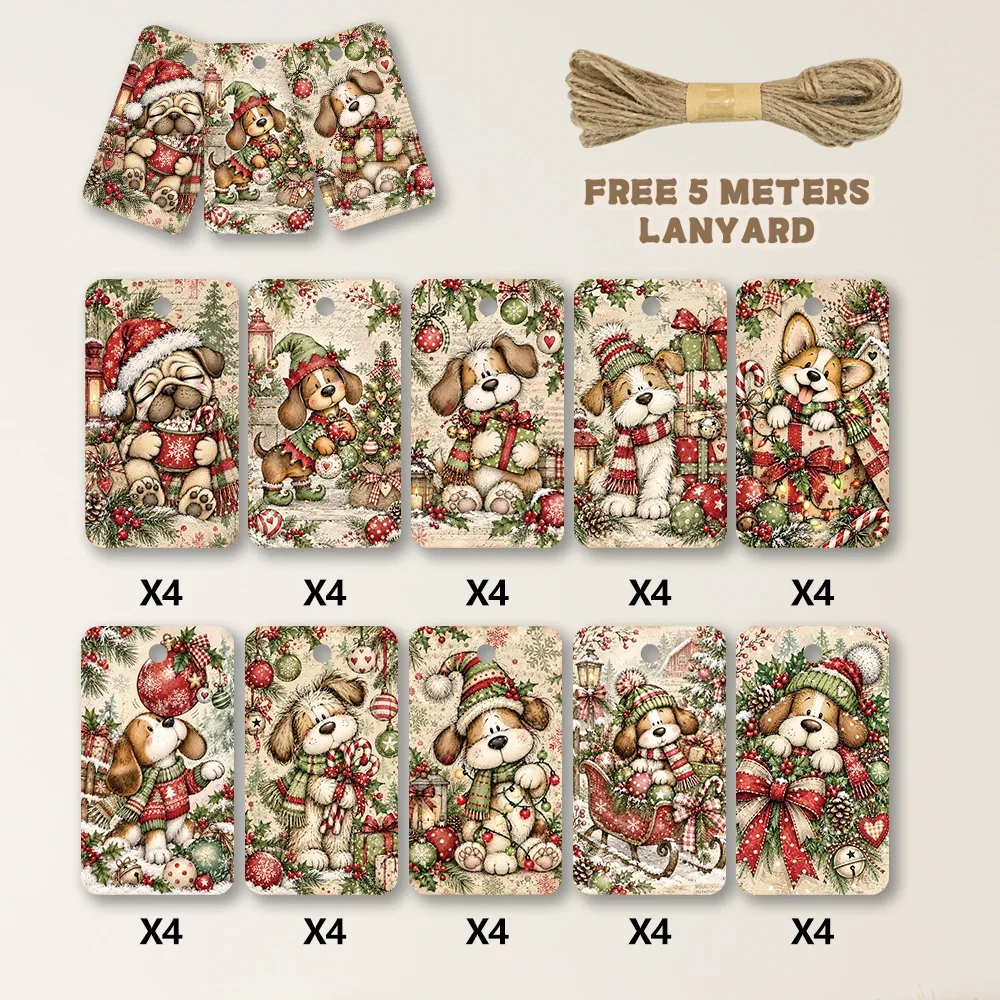 40pcs, Gift Tags, Farmhouse Christmas Dog Art, Hanging Paper Labels for Gift Wrapping, Holiday Party Decor with String
