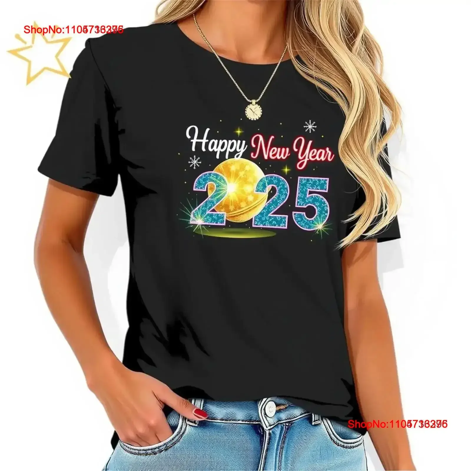 Camiseta negra con brillo para Año Nuevo 2025, estilo vintage lavado, ligeramente gráfica, elástica y a la moda.