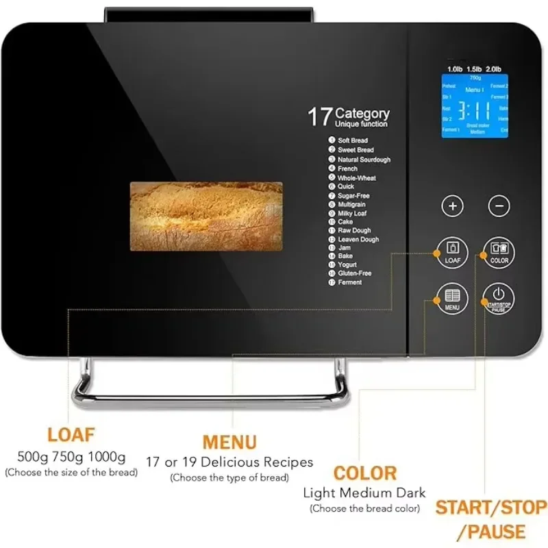 2 Pound Stainless Steel Electric Bread Maker with LED Monitor Smart Cooking Programs Home Bakery Appliance