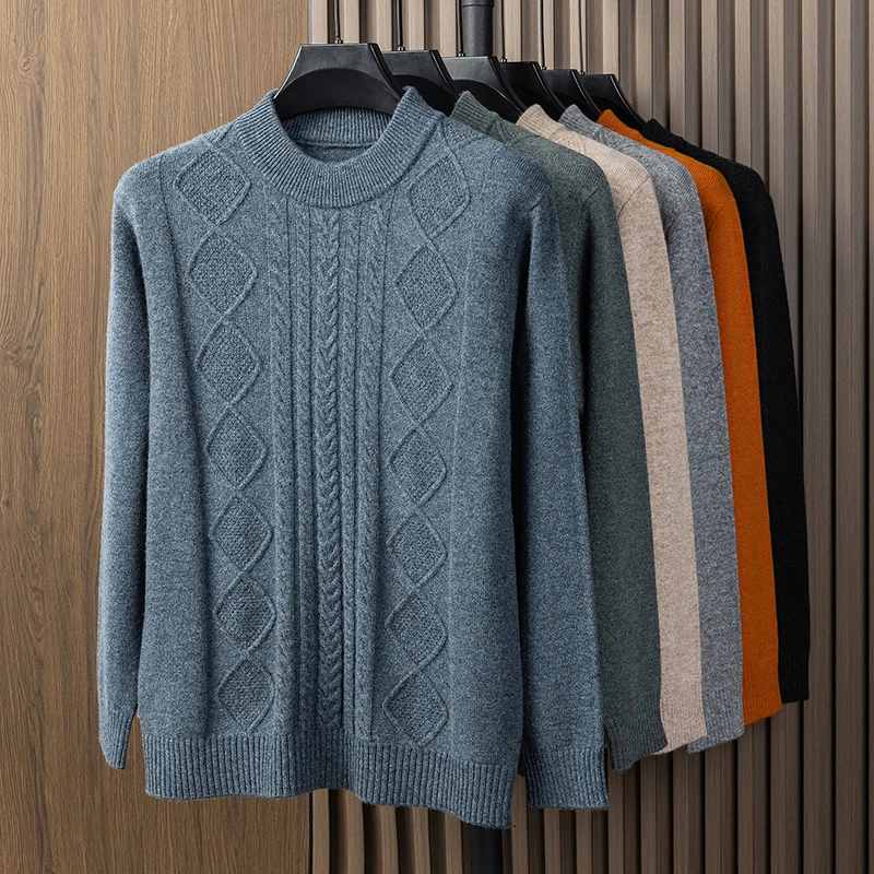 100% Sheep Wool Sweater 2026 Autumn Winter Argyle Pattern Warm Jumper Long Sleeve Knitting Clothes Pullover Thick Tops