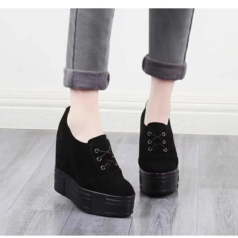 13CM Women Genuine Leather Suede Wedges Sneakers High Platform Casual Shoes Fashion Invisible Heels Thick Bottom Leisure Shoe